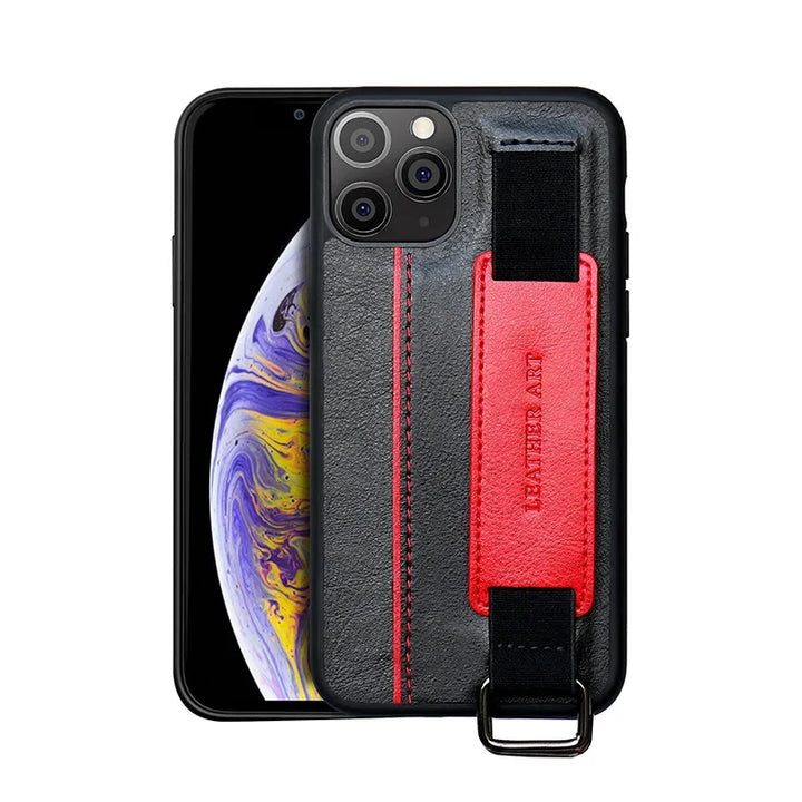 PU leather iPhone case with card holder, wristband, and detachable lanyard.