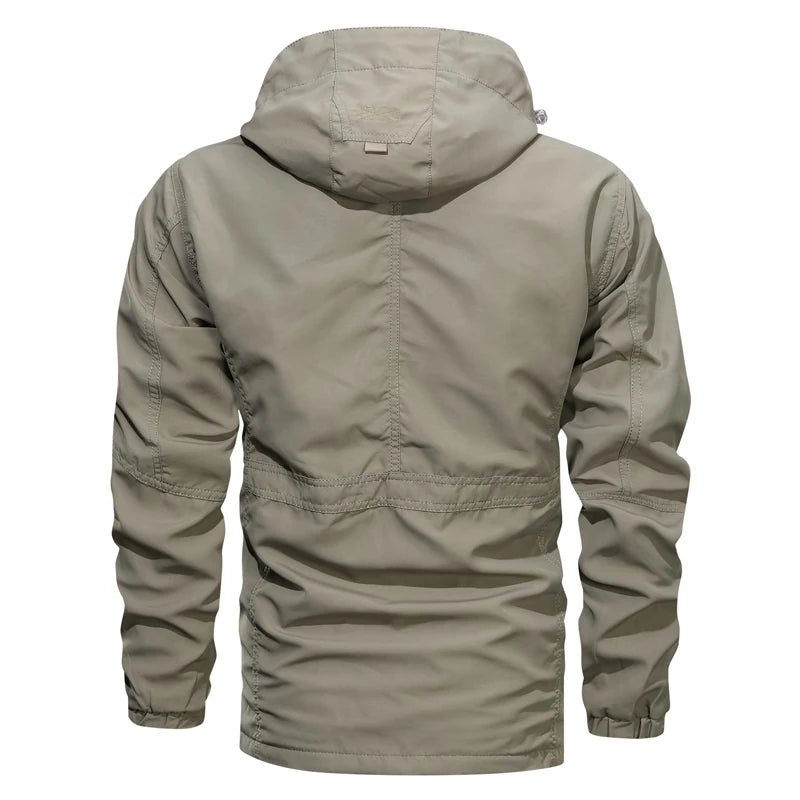 Khaki jacket with a hood on a white background