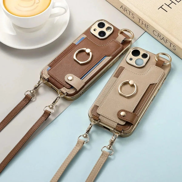 iPhone 15/14 Plus/13/12/11 Pro Max Plating Phone Case with Wrist Strap and Long Lanyard, Short Hand Rope PU Leather Cover