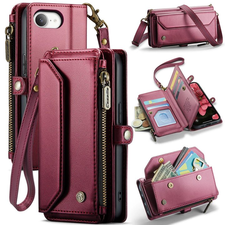 Leather Wallet Phone Case for iPhone 16 Pro Max – Zipper Card Holder with Detachable Magnetic Flip Cover and Strap