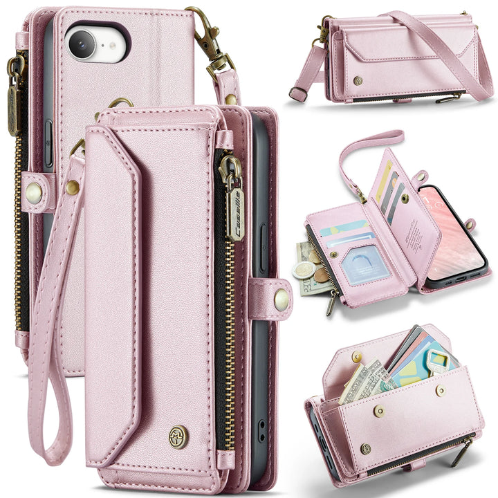 Leather Wallet Phone Case for iPhone 16 Pro Max – Zipper Card Holder with Detachable Magnetic Flip Cover and Strap