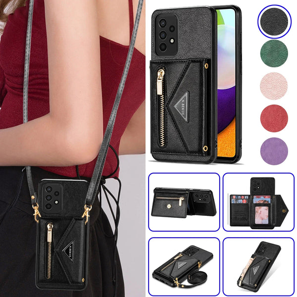 Leather crossbody wallet case for Samsung Galaxy with lanyard strap, card pocket, and zipper design.