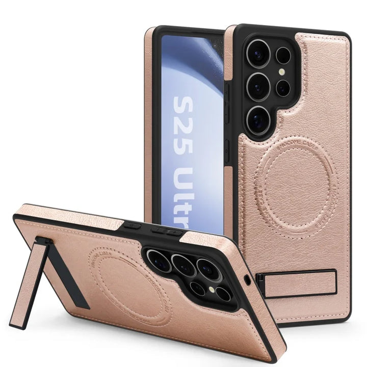 Luxury leather stand case for Samsung Galaxy S23, S24, S25 Ultra, offering premium protection and style.