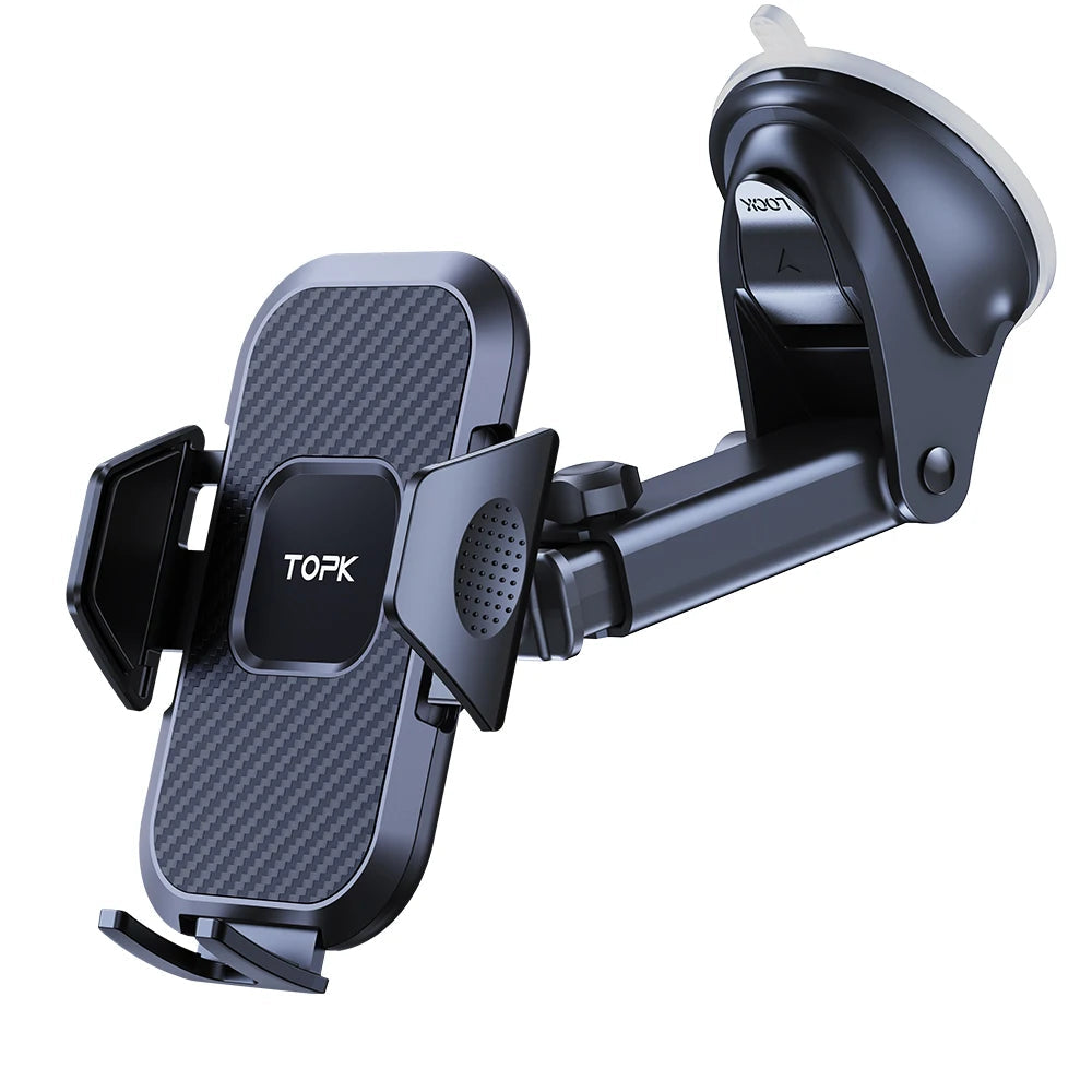 Car phone holder with carbon fiber texture and 'TOPK' branding on a white background
