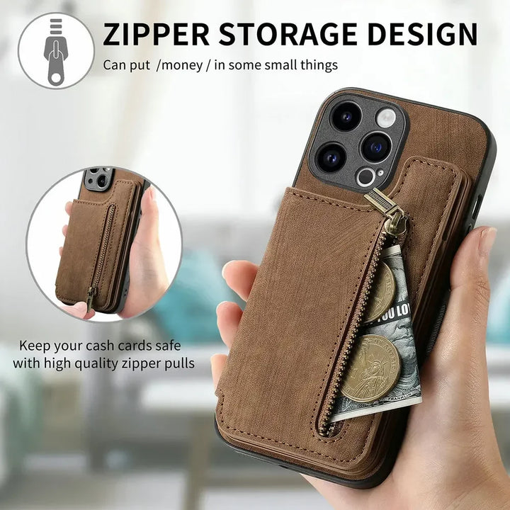 Zipper Wallet Leather Phone Case with Card Holder for iPhone 16/15/14/13/12/11 Pro Max