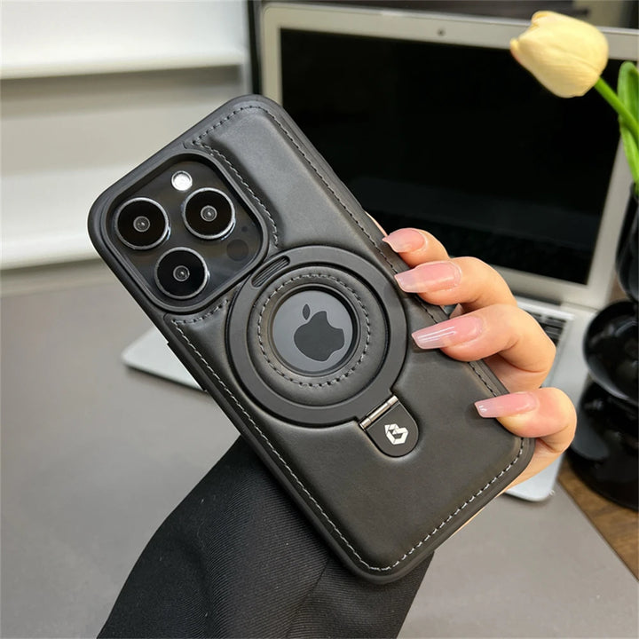 Luxury PU Leather iPhone 16 to iPhone 12 Pro Max Magnetic Case with Ring Stand and Hollow Logo – Red, Blue, Brown, Black