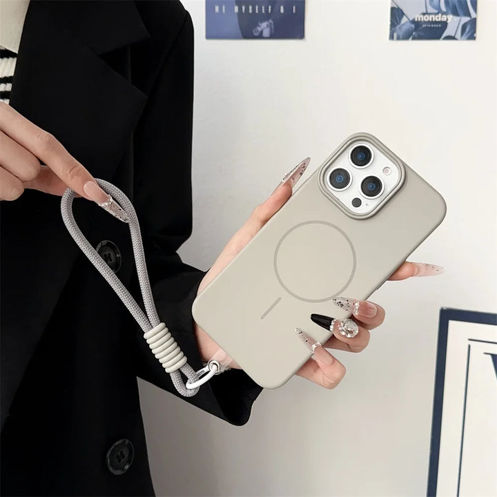 Candy Color Liquid Silicone MagSafe iPhone Case with Lanyard – Shockproof Magnetic Strap Cover for iPhone 11–16 Pro Max