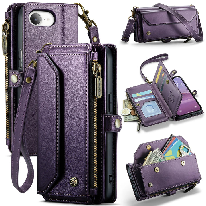 Leather Wallet Phone Case for iPhone 16 Pro Max – Zipper Card Holder with Detachable Magnetic Flip Cover and Strap