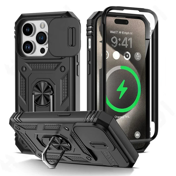 Military Grade iPhone Case with 360 Degree Kickstand & Camera Slide – Full Protection for iPhone 16 15 14 13 12 11