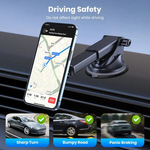 Phone with navigation app on a car dashboard with a suction cup mount.