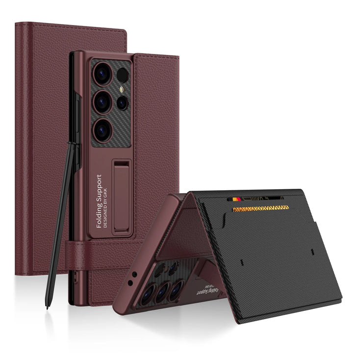 Leather Flip Wallet Phone Case with Card Holder and Kickstand for Samsung Galaxy S25 Ultra in Carbon Fibre Design