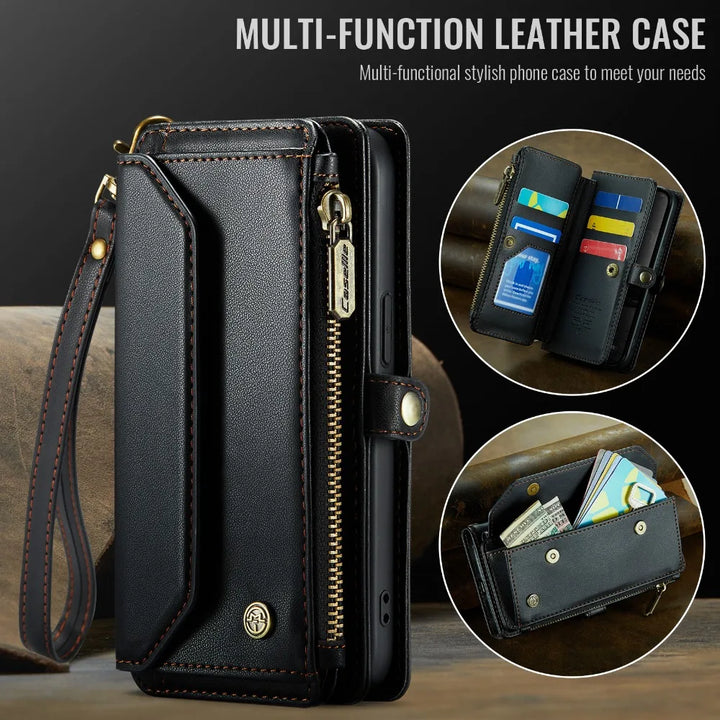 Leather Wallet Phone Case for iPhone 16 Pro Max – Zipper Card Holder with Detachable Magnetic Flip Cover and Strap