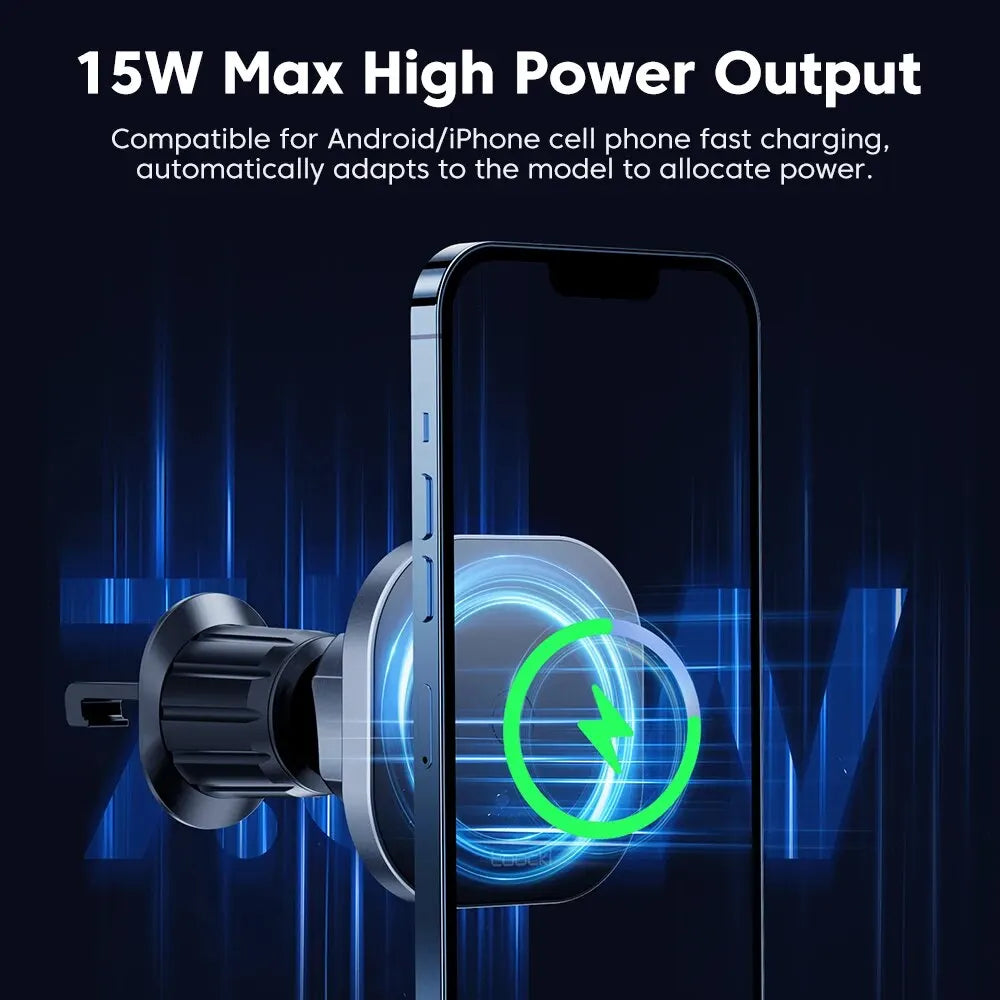 Phone charger with 15W max high power output on a dark background
