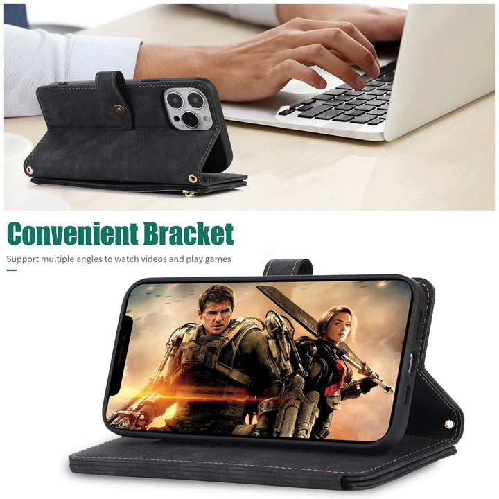 Crossbody wallet case for iPhone with card holder, lanyard, and kickstand for hands-free use.
