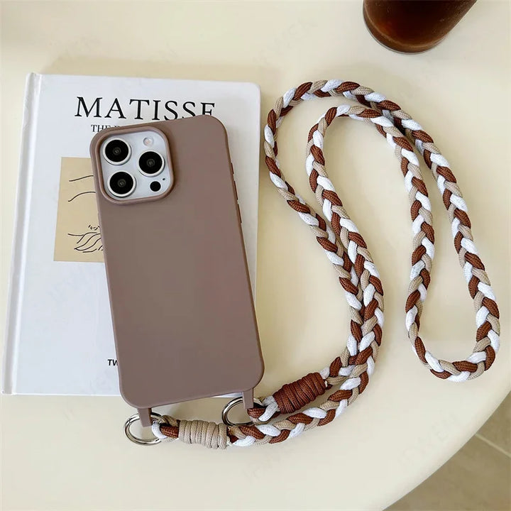 Candy color silicone phone case with a crossbody lanyard strap for iPhone