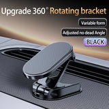Black 360-degree rotating bracket on a car dashboard with text highlighting features.