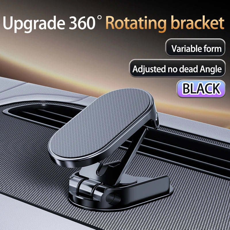 Black 360-degree rotating bracket on a car dashboard with text highlighting features.