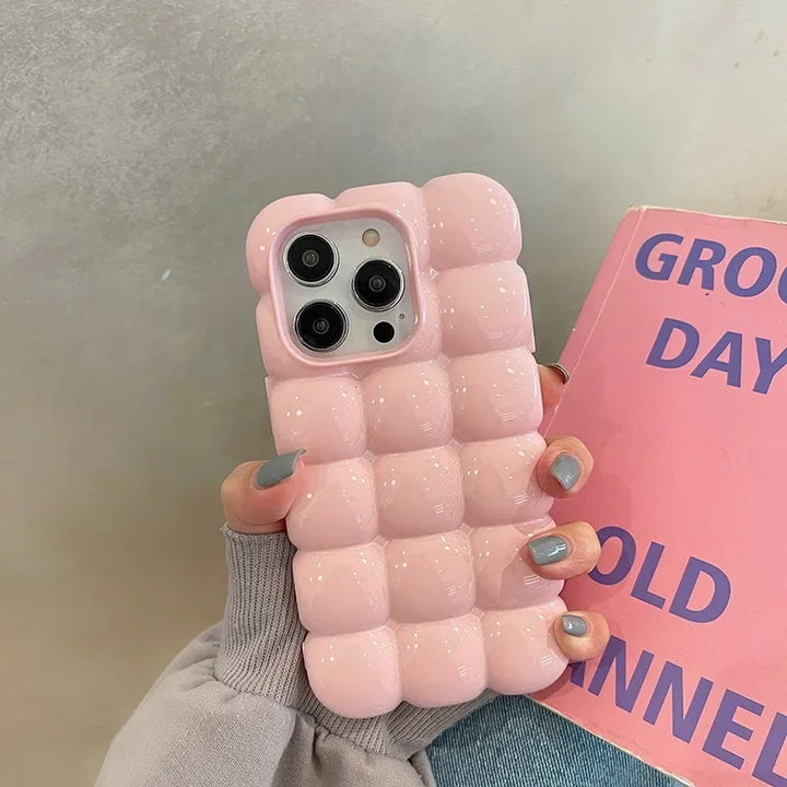 Cute 3D Block Lattice Case for iPhone 16 Pro Max, Glossy Candy Solid Color Shockproof Silicone Cover